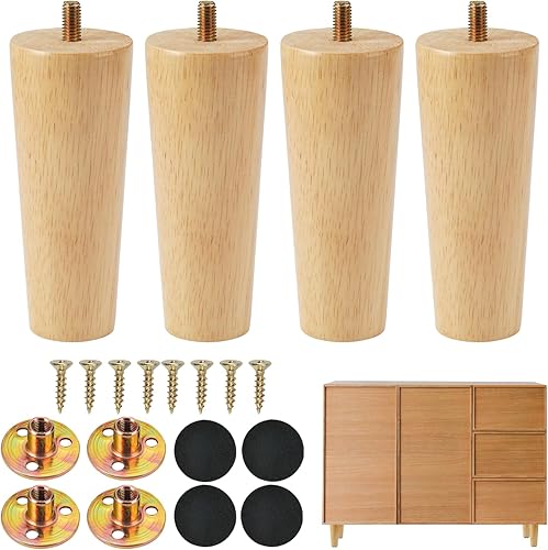 4 Pezzi Piedini per Mobili in Legno, 12cm Gambe per Mobili in Legno, Gambe per Tavolo con Piastra Montaggio, Pad Antiscivolo, Viti, Piedini di Ricambio per Cabinet Divano Letto Tavolo Armadio - Honorern