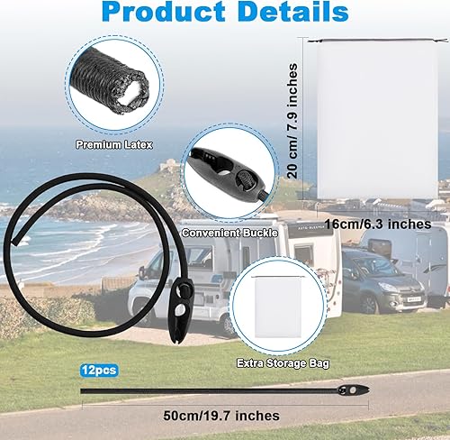 12Pezzi Corde Elastiche Resistenti alle Intemperie, 50cm Corda di Gomma Bagagli Multiuso, Elastici Portapacchi Regolabili con Fibbia Borsa con Coulisse per Roulotte Campeggio - Honorern
