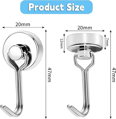 Ganci Magnetici, 4 Pezzi 20MM Ganci Magnetici Extra Forti, Gancio Magnetico del Portata Verticale 15kg, Calamita Potente in Neodimio per Cucina, Soffitto, Frigorifero, Camera, Ufficio,Argenteo - Honorern