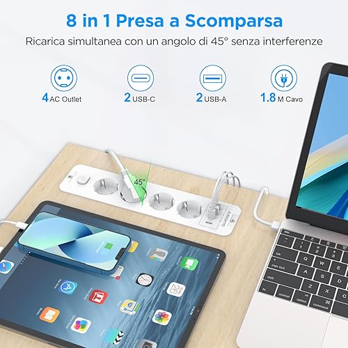 Ciabatta elettrica con USB e 2 Type-C, 4 prese angolari multiple con luce LED, presa di protezione da sovratensione, 3680 W, 16 A, spina multipla a 90° con interruttore per cucina,Cavo da 1,5 m - Honorern