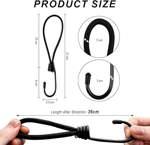 12 pezzi di cordini elastici corti con ganci, cordini elastici extra forti, tenditori per telo con ganci a spirale, cinghie di tensione con passanti per moschettone- 15 cm nero - Honorern