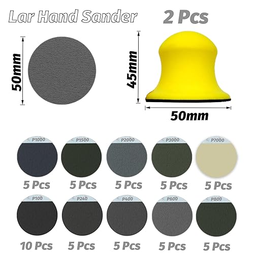 50mm Blocco Levigatura Manuale con 55 Dischi Abrasivi, Carta Vetrata Gancio e Anello Grana da 100 240 400 600 800 1000 1500 2000 3000 7000 per Restauro di Mobili in Legno - Honorern