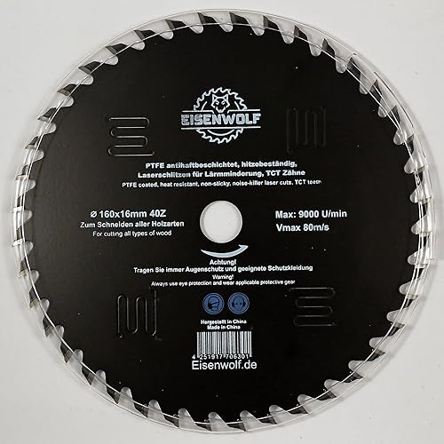 Eisenwolf Lama per sega circolare da 160 x 16 mm, per legno con 40 denti TCT inclinati, rivestimento antiaderente PTFE e taglio laser per ridurre il rumore - Honorern