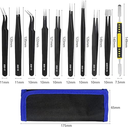 Set di Pinzette ESD di Precisione, Set di Pinzette Antistatiche da 10 Pezzi e Tagliafili Micro per Modellismo, Riparazione Elettronica, Artigianato, Laboratorio, Produzione di Gioielli, ecc. - Honorern