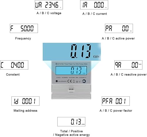 KETOTEK 3 fasi 4 fili elettrico AC amp volt misuratore di energia su guida din wattmetro bidirezionale consumo di elettricità in ingresso uscita totale kWh 3x230V/400V 10(100) A 50/60Hz DTS331 - Honorern