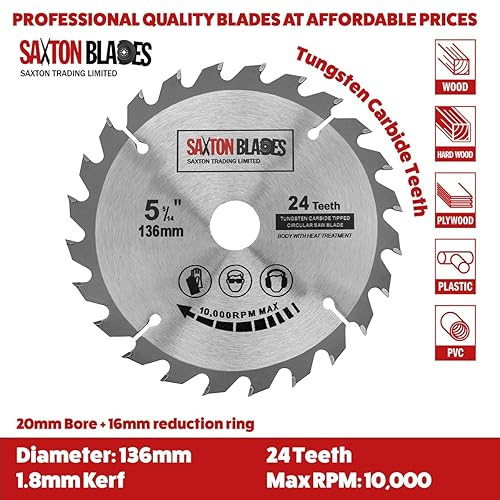 Saxton TCT - Lama per sega circolare per legno, 136 mm x 20 mm (anello da 16 mm), 24 e 48 denti, compatibile con Bosch Makita ecc., confezione da 2 - Honorern