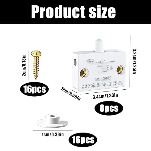 RYAN 8 Pezzi Interruttore per Armadio Porte 1A 250V Luce Interruttori di Contatto Porta lampada Dell'armadio Microswitch LED per Armadietti Switch Push Porta Interruttore(Bianco) - Honorern
