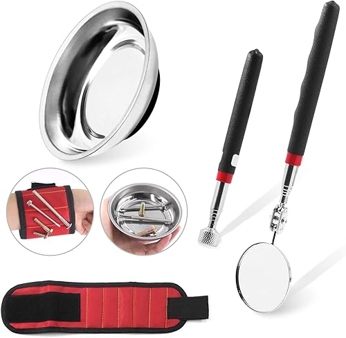 Set di 4 attrezzi magnetici per pickup, tra cui vassoio magnetico per parti e specchio telescopico, 4,5 kg magnete pickup stick e polacco magnetico per parti a bussola bullone a vite in metallo - Honorern