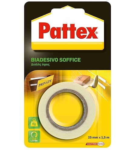 Pattex Nastro Biadesivo 30000 Soft, Nastro Biadesivo Forte, Tenuta, per Stand di Fiere e Mostre, Specchi, Cartelloni, Nastro Adesivo di Montaggio per Interni ed Esterni, 19 mm x 10 m - Honorern