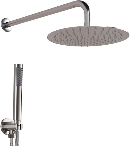 Set doccia satinato con braccio 35 cm soffione 25 cm e kit doccia con doccino in ottone, presa acqua e supporto, GEMINI - Honorern