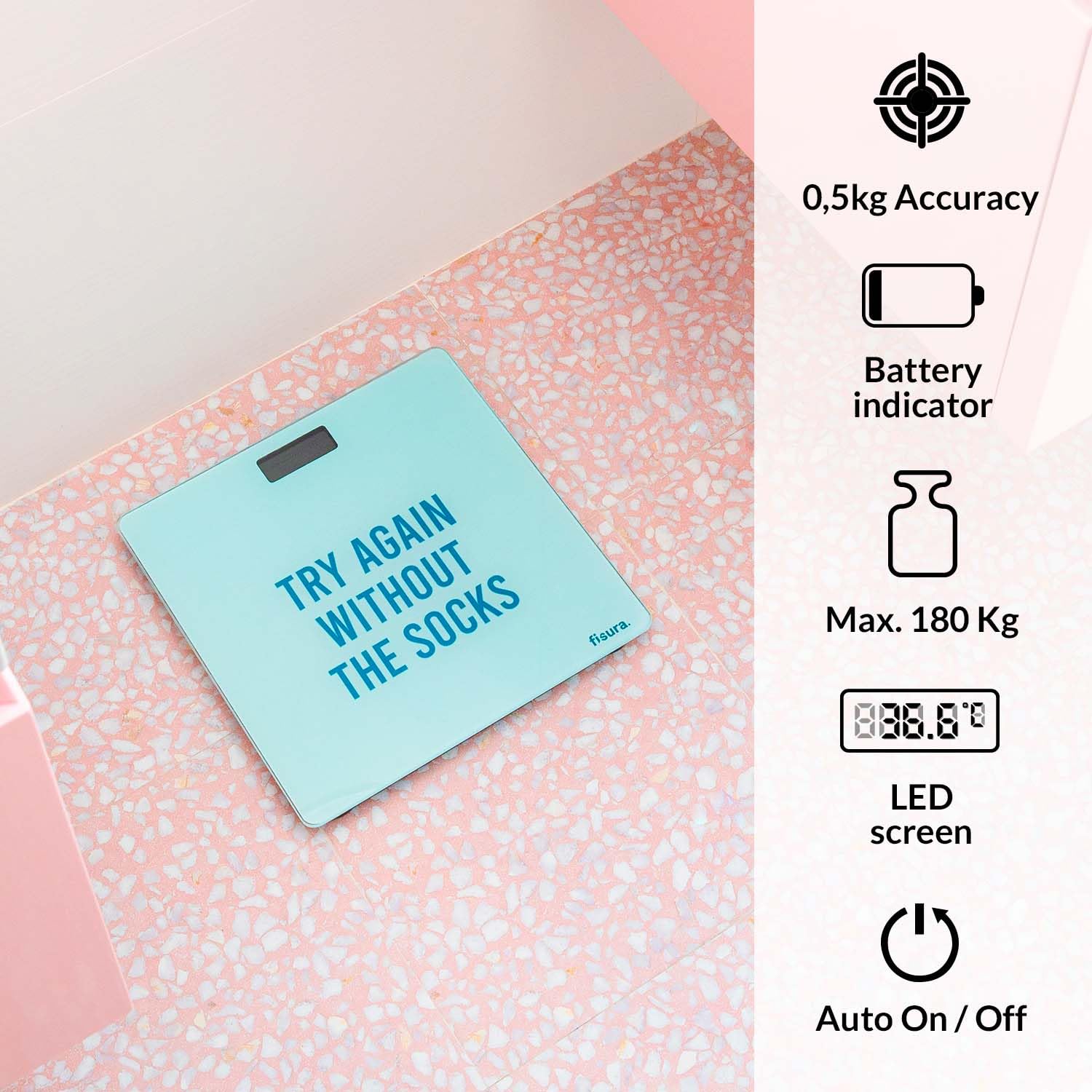 Bilance pesapersone elettroniche 'ochi' rosa. Bilancia pesapersone in vetro. Bilancia elettronica fino a 180 kg e 50 g di precisione, tecnologia Step-On. 30 x 30 cm - Honorern