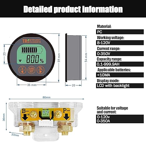 Battery Monitor, 8-120V 350A Tester Batteria Auto Monitor Batteria Amperometro e Voltmetro per Batteria Auto con Cavo da 2M per Auto Motoscafo Caravan Camper Solare - Honorern