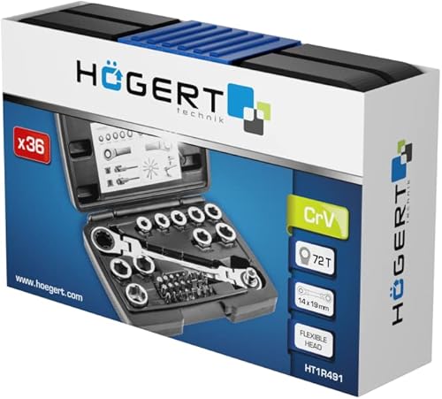 Högert Technik - Set di attrezzi - Chiave a cricchetto con giunto e chiave a bussola - Set di chiavi a cricchetto esagonali, adattatore per punte di cacciavite, punte per cacciavite - 36 pezzi - Honorern