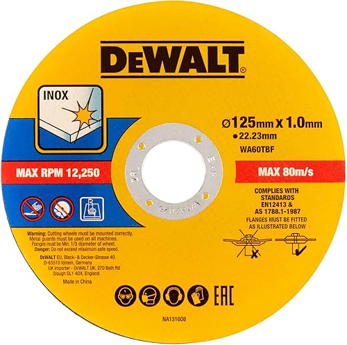 Dewalt Disco da taglio in acciaio inox DT20598-QZ (diametro 125 mm x 1,0 mm, per tagli veloci e puliti, per smerigliatrice angolare), 50 pezzi in secchio - Honorern