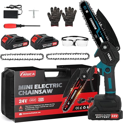 Mini Motosega 24V con Batteria da 8000mAh, Motosega Senza Filo da 6 Pollici con 2 Batterie Potenti e 2 Catene – Blocco di Sicurezza e Motore Ad Alta Potenza per Potatura Alberi e Cura del Giardino - Honorern
