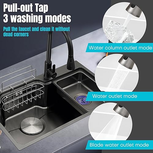 Lavello da Cucina Multifunzionale 75 x 45 cm Rivestimento Nano 3mm in Acciaio Inox 304 con Lavatazze Dispenser di Sapone Cestello di Scarico Sospeso Nero - Honorern