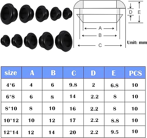 50 Pcs Passacavi in Gomma, Flessibile Passacavo in Gomma ID 4mm 6mm 8mm10mm12mm, Passacavi Guarnizione in Gomma, Gommini Passacavo Elettrico, Passacavi in Filo di Gomma Occhiello per Proteggere Fili - Honorern