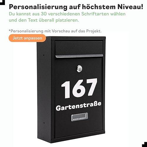 Gustav Cassetta delle lettere piccola in grigio antracite (RAL 7016) personalizzata con nomi e numeri civici, con adesivo 'Bitte Keine Werbeung' - Honorern