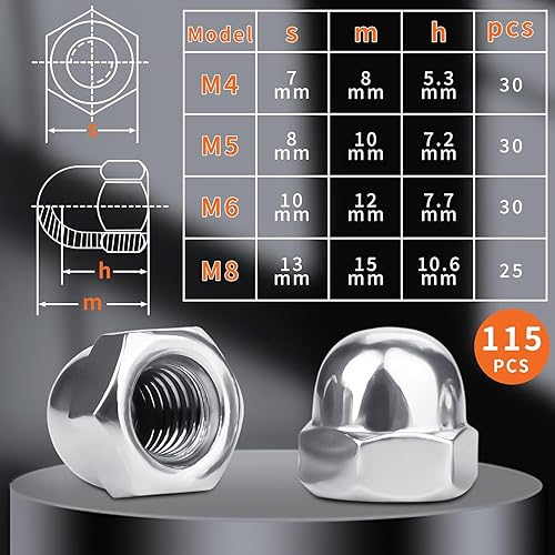115 Pezzi Dado Cieco a Calotta in Acciaio Inox M4 M5 M6 M8 Dado Coprente Set DIN 1587 Forma Alta Dadi Coprenti A2 V2A Dadi Coprenti Esagonali per Auto Moto Legno e Acciaio Arredamento - Honorern