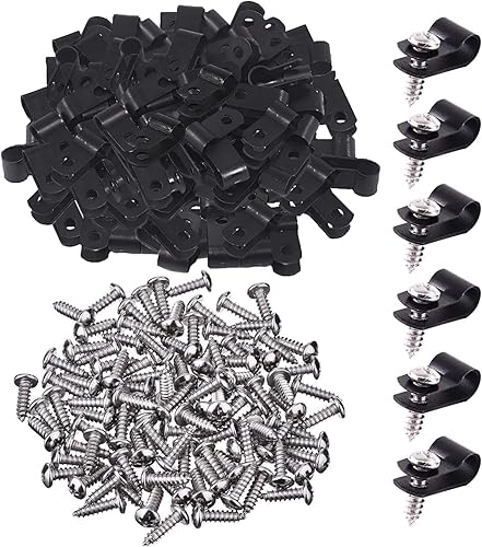 100 Pezzi Clip per Cavi, Fermacavi Cavo, Clip Fermacavo, Goccia Porta Filo Del Supporto di Fissaggio R-tipo Cable Management, Cavi da Muro Fermacavi con Viti Serracavi Fascette Plastica,Nero - Honorern
