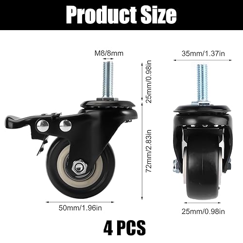 4 Pezzi Ruote per Mobili Pesanti M8x25 mm Ruote per Carrello, 360° Rotelle Girevoli con Freno, Ruota Piroettanti, Rotelle per Mobili Pesanti, Ruota Girevole con Perno Filettato - Honorern