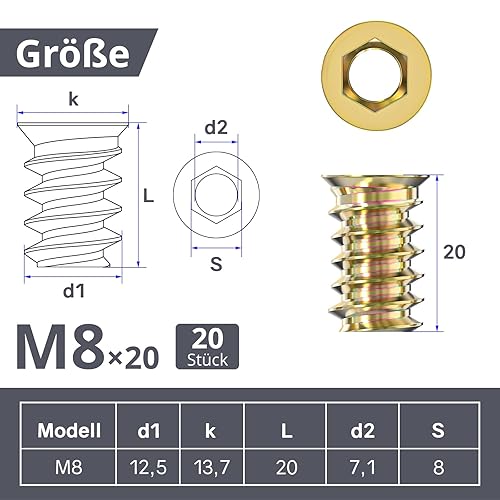 Dado a vite M8 x 20 mm, 20 inserti filettati in legno, manicotti a vite esagonali zincati, inserti filettati per mobili in legno - Honorern
