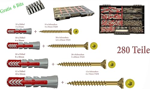 Fischer Set di tasselli con viti Torx e 6 pezzi (280 pezzi) 5 x 25 6 x 30 8 x 40 10 x 50 mm - Honorern