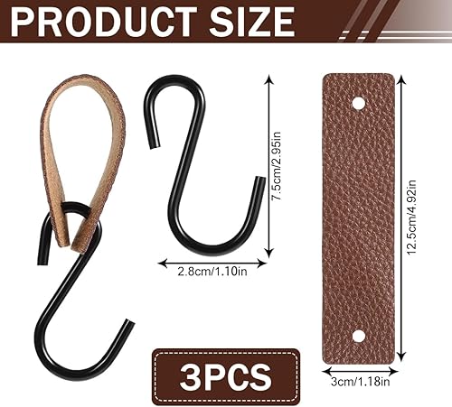 Confezione da 3 ganci a S in pelle, ganci multiuso con passanti in pelle, ganci a S per cucina, bagno, esterno, ganci da campeggio a forma di S (marrone) - Honorern