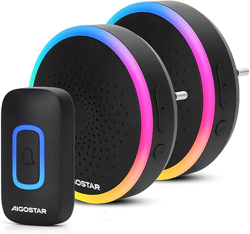 Aigostar campanello senza fili, Campanello Wireless Impermeabile IP55 da Esterno, Campanello Wireless RGB, Portata 150M, 5 Livelli Volume 60 Melodie, Bianco, 1 Trasmettitore+2 Ricevitor - Honorern