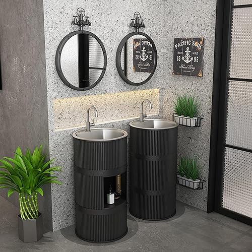 Lavandino a Colonna Moderno in Ferro Battuto, Mobile da Bagno con Lavabo in Acciaio Inox, Lavandino su Piedistallo Freestanding Set con Rubinetto e Scarico (con contenitore,nero) - Honorern