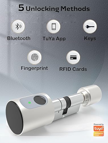 Serratura con impronte digitali – Smart Lock per porta di casa, apriporta a cilindro elettronico con impronte digitali e 2 chiavi e 2 schede RFID Tuya APP di sblocco, argento - Honorern