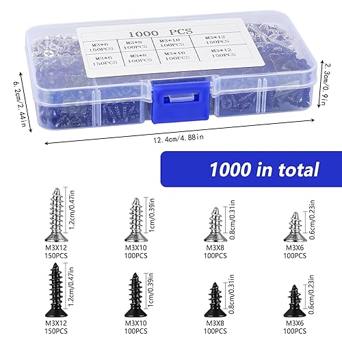 Viti per Legno, 1000 Pz M3 Viti Autofilettanti, Viti a Testa Svasata a Filettatura Grossa, Viti a Testa Piatta Croce, Viti Autoperforanti per Legno Riparazione - M3x (6/8/10/12 mm) - Honorern