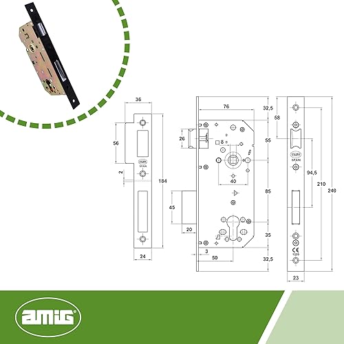 Amig - Serratura da incasso per porte in legno | Con palettone di chiusura | Frontale e supporto a bordo quadrato | Entrata 50 mm | Serratura reversibile | Acciaio | Argento opaco | 240 mm - Honorern