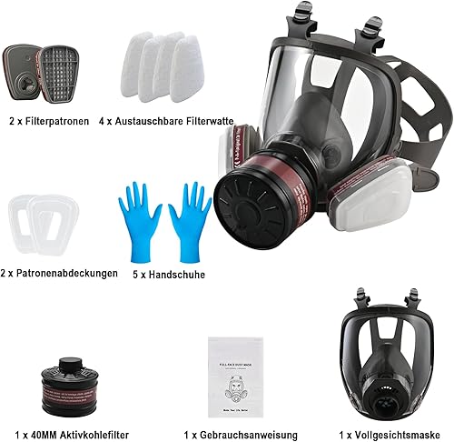 Set di maschere respiratorie, maschera antigas, maschera per il viso, riutilizzabile antipolvere, maschera protettiva con 10 filtro, maschera per verniciatura con filtro per vernice, vapori - Honorern