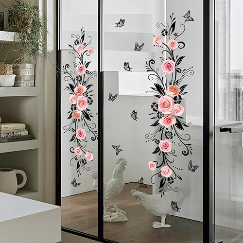 Runtoo Adesivi per Finestre Fiori Rosa Sticker Decorativi da Finestra Foglie di Vite Nero Murali Decorazioni Muro Camera da Letto Soggiorno - Honorern