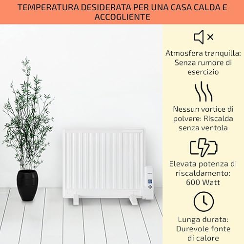 Stufa Elettrica Basso Consumo, Termosifone Elettrico Silenzioso da 600W da Muro, Radiatore ad Olio Indipendente e Portatile Smart, Termosifone ad Olio con Touch Control e Termostato - Honorern