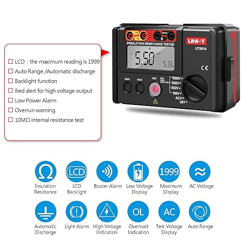 Tester di resistenza di isolamento, tester di isolamento del misuratore di isolamento LCD UT501A, tester di resistenza del megaohmmetro digitale - Honorern