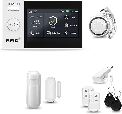HUXGO® HXA007 Sistema di allarme casa senza fili con Radio Sirena solare WiFi + GSM 4G LTE | Impianto allarme casa kit con 1x sensori di allarme per finestre/portes, 3x rilevatori di movimento - Honorern