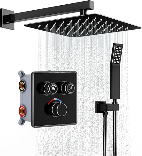 Rainsworth Sistema doccia a incasso con termostato 38 ℃ cromato, flusso d'acqua regolabile, rubinetto da incasso con doccia a pioggia da 25 x 25 cm, set doccia con doccetta - Honorern