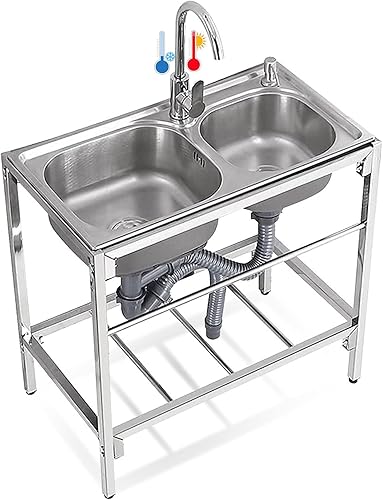 Lavello in acciaio inox con gambe in acciaio indipendenti, lavello multiuso con tavolo da lavoro e rubinetto miscelatore freddo per interni ed esterni, 80 cm - Honorern