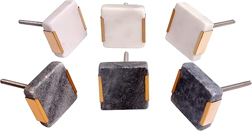 Set di 6 pomelli quadrati in pietra. 40 mm | Bellissime maniglie in nero ardesia con dettagli in metallo dorato | Adatte per armadi, credenze, cassetti, porte... Eleganti maniglie multiuso. - Honorern