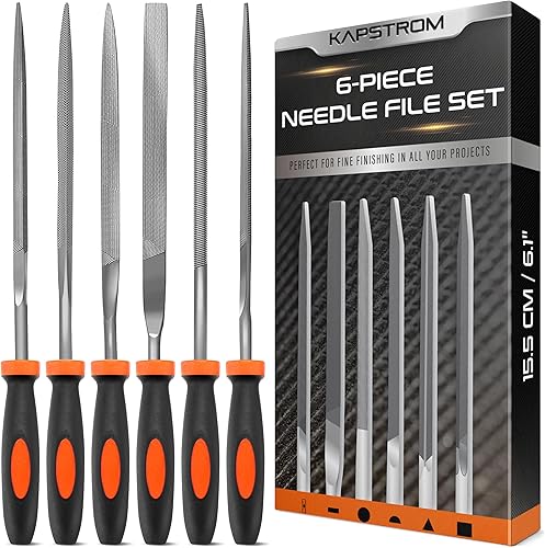 6-pc Needle File Set for Wood, Metal, Plastic & Jewelry, Includes Small Round, Half-Round, Square, Triangle, Flat & Flat Pointed Files, Handy Tools for Fine Finishing w/Ergonomic Handles - Honorern