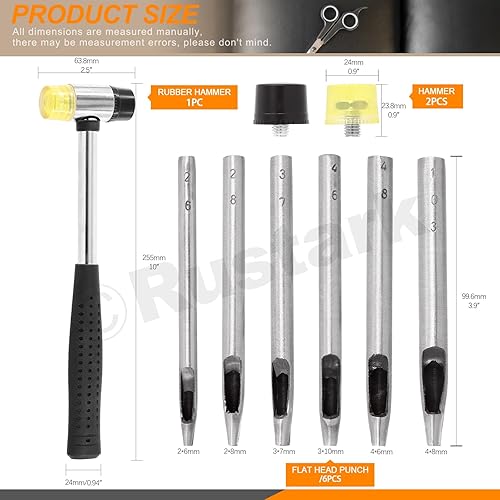 Rustark Set di 9 punzoni ovali in 6 dimensioni per pelle da 2 a 4 mm, con martello in plastica e gomma a doppia faccia, strumento per tagliare i fori della cintura in pelle, kit di strumenti per fai - Honorern