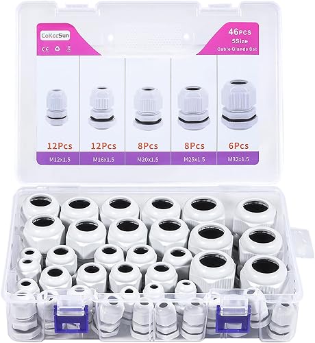 46 Pezzi Passacavo Impermeabile IP68, Connettori Pressacavi M12 M16 M20 M25 M32 con Cavo Flessibile Regolabile, Nylon Pressacavi Elettrici con Guarnizioni per Esterno Giardino Fissaggio Cavo - Honorern