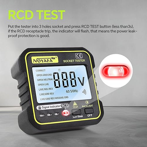 NOYAFA Tester di Presa con test RCD e Display LCD Della Tensione, 6 tipi di diagnosi dei guasti, visualizzazione della tensione e della corrente di dispersione, test RCD, 90-250V/50-60Hz - Honorern