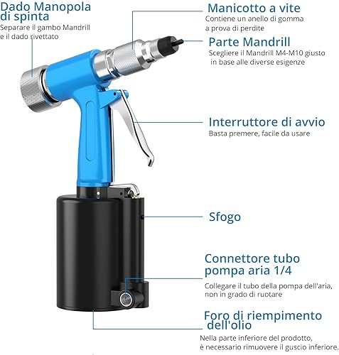 AUTOUTLET Kit Rivettatrice ad Aria con M4 M5 M6 M8 M10 Mandrini e 100 Pezzi Dadi per Rivetti,Rivettatrice Professionale ad Aria Compressa per Lamiere di Alluminio, Ferro, Acciaio Inox - Honorern