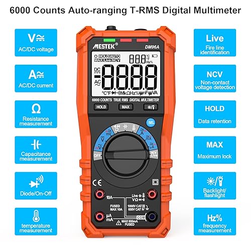 Multimetro Digitale MESTEK AC/DC Tensione Corrente 6000 Conta Autoranging TRMS per Amp Volt Ohm Hz Resistenza Continuità Diodi Frequenza Capacità Temperatura NCV Portatile Elettricista Tester - Honorern