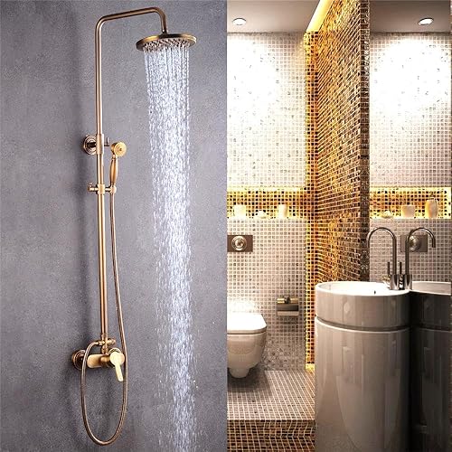 Set doccia in rame antico, rotondo, montaggio a parete, sistema doccia con rubinetto vasca e soffione doccia/doccia a pioggia e doccetta, asta doccia regolabile, stile bronzo retrò - Honorern