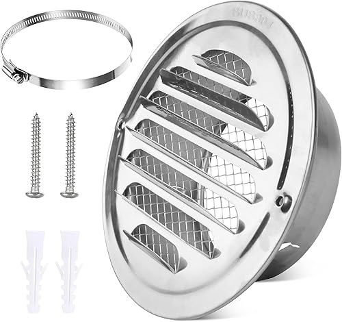 Griglia di Ventilazione 100mm 304 Acciaio Inox Rotonda Griglia Aerazione Tonda con Rete Anti-insetto e Fibbia per Uso Interno ed Esterno (100mm) - Honorern