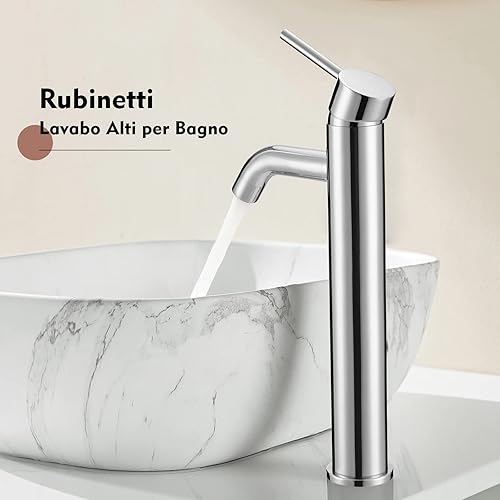 Rubinetto Lavabo Bagno Alto, Rubinetti Lavabo Miscelatori da Piano, Monocomando, Miscelatore Acqua Calda e Fredda, Acciaio Inox Cromato, Monoblocco Alti - Honorern